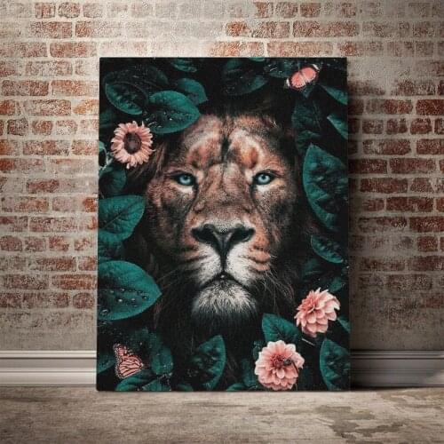 Modular Canvas Home Wild Lion with Flowers Decor Leaf Cute Prints Painting Poster Modern Wall Art Picture For Living Room Framed