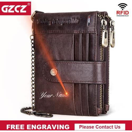 Free Engraving name Rfid Wallet Male Crazy Horse Leather Coin Purse slim Walet for Men Card Holder Chain portafolio dropship