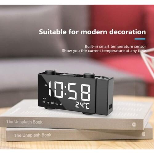 1PC Projection Digital Alarm Clock FM Radio With 4 Brightness Adjustment For Household Large LEDs Digits Projection Clock