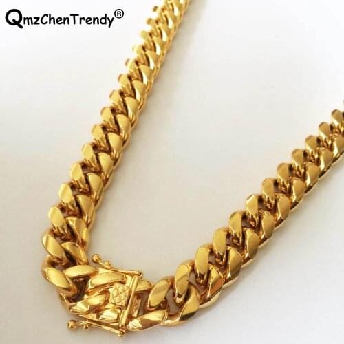 Hip Hop Stainless Steel Cuban Link Chain Men Necklace Golden Luxury Heavy Lock Jewelry 14mm 20/22/24/30/34/36inch Drop shopping