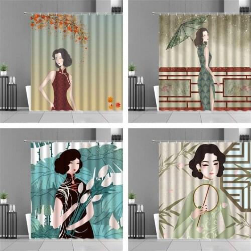 Chinese Style Shower Curtain East Cheongsam Girl Bathroom Cloth Curtain Screen Home Decoration Background Waterproof With Hooks