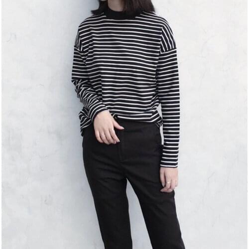 Women Harajuku T Shirt Korean Style O-Neck Turtleneck Long Sleeved Striped Tops Female T Shirt Autumn Casual Tops