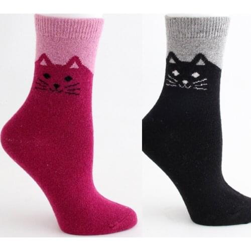 Womens Adult Winter Faux Wool Blend Crew Socks Cute Cartoon Cat Print Contrast Color Vintage Knit Thickened Thermal Warm 6XDA
