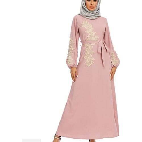 Muslim New Ethnic Style Womens Robe Elegant And Dignified Embroidery Long Swing Dress Nail Pearl Arab Islam Pink