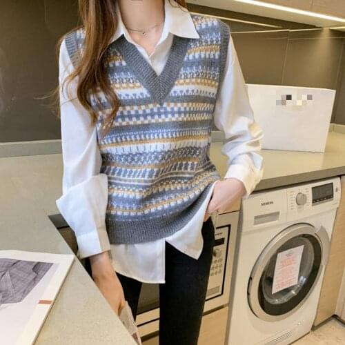 2021 Autumn New Korean Jacquard Sweater Vest With Knitted Women Retro Style V-neck Geometric Print Loose-fitting Clothes