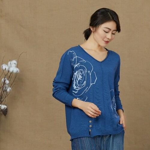 Women thick Sweater Pullover Basic Knitted Cotton Tops V-neck Long Sleeve Sweaters female rose printing loose pullover femme