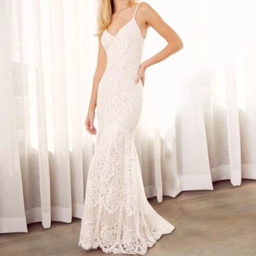 Womens White Spaghetti Strap Lace Wedding Dress Elegant Slim Mermaid Bridesmaid Maxi Dress Vestidos De Fiesta Plus Size