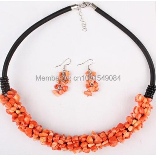 NEW 6X4MM Coral Chip Beads Rope Charm Necklace & Earring 1 SET