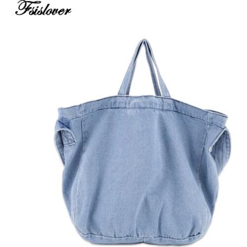 2019 High Capacity Women Denim Tote Ladies Casual Shoulder Bag Foldable Reusable Shopping Beach Bag Sac A Main Bolsa