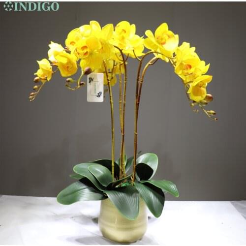 INDIGO - (5 Orchid + 3 leaves + Pot ) Real Touch Yellow Orchids DIY Flower Arrangment Event Centerpiece Christmas Decoration