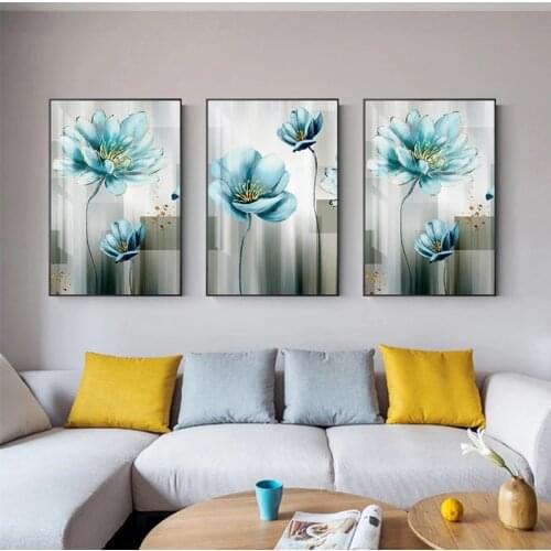Abstract Golden Blue Flower Canvas Painting Modern Nordic Posters and Prints Cuadros Wall Art Picture for Living Room Home Decor