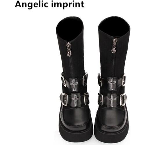 Angelic imprint mori girl Women motorcycle punk boots lady lolita middle Boots woman high heels pumps shoes buckle cross 33-47