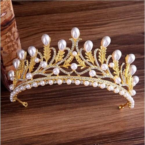 Gold Crystal Simulated Pearls Princess Leaf Tiaras Crowns Diadem Bride Noiva Bridal Wedding Party Jewelry