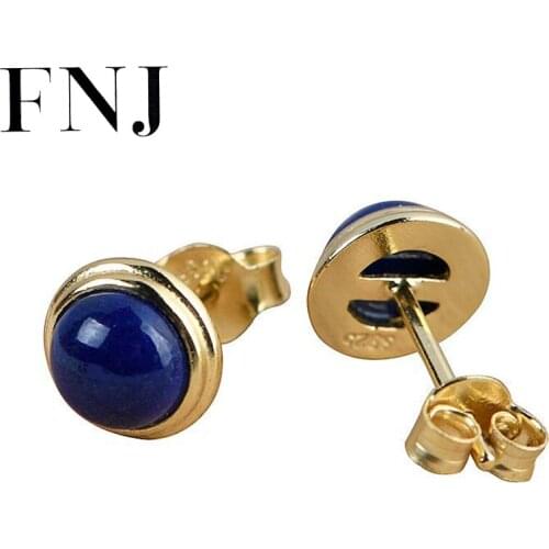 FNJ Lapis Amber Jasper Flower Earrings 925 Silver Original Pure S925 Sterling Silver Stud Earring for Women Jewelry Gold Color