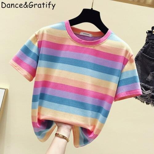 Girls Rainbow Striped Cotton Tshirt Women Tops Fashion Short Sleeve Female T-shirt Tee Femme 2020 New Summer
