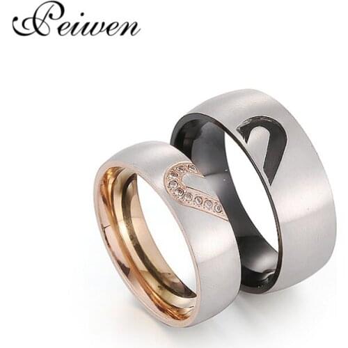 Engraved Love Couple Rings Wedding Band Stainless Steel CZ Stone Anniversary Ring For Women Men His & Hers Puzzle Heart Jewelry