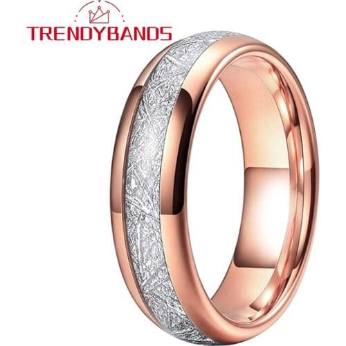 Rose Gold 6MM Womens Tungsten Carbide Rings Mens Wedding Bands Meteorite Inlay Domed Comfort Fit