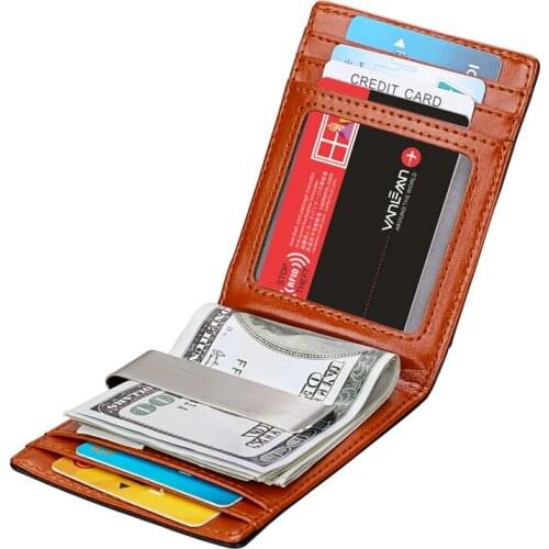 Genuine Leather Credit Card Wallet Men Metal Money Clip Mens Slim Bifold Wallet Cash Clamp Banknote Card Holder Purse For Women