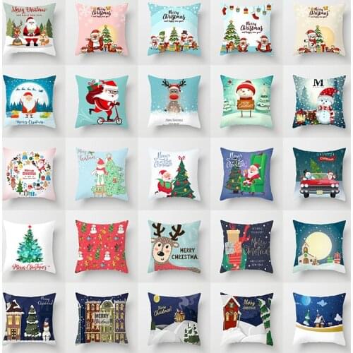 Creative Fresh Blue Red Christmas Cushion Covers Santa Claus Snowman Reindeer Polyester Pillow Cover Decorative Throw Pillows
