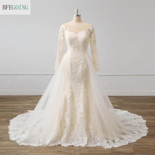Ivory Lace Tulle Champagne Satin Long Sleeves Bridal gown Floor-length Mermaid/Trumpet Wedding dresses Detachable Train