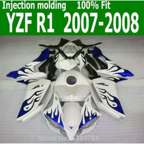 Injection mold Fairings For YAMAHA YZF R1 07 08 ( White + blue flames ) yzfri 2007 fairing kit CQ20