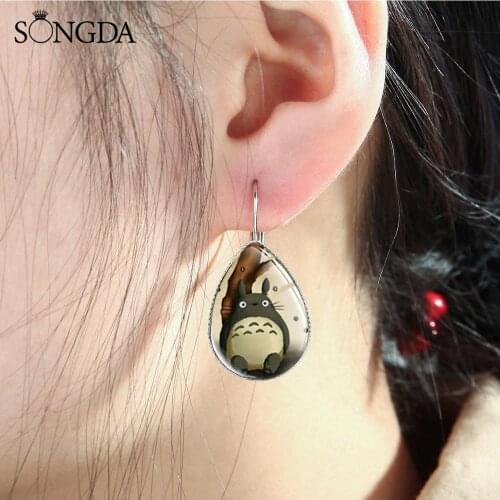 Anime My Neighbor Totoro Cartoon Earrings Cute Totoro Glass Photo Dome Water Drop Earrings for Miyazaki Comic Fans Gift