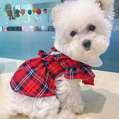 Fashion Red Small Dogs Dress For Christmas Pricess Girl Skirt Plaid Flying Sleeve Cat Coat Pet Clothing French Bulldog Dresses
