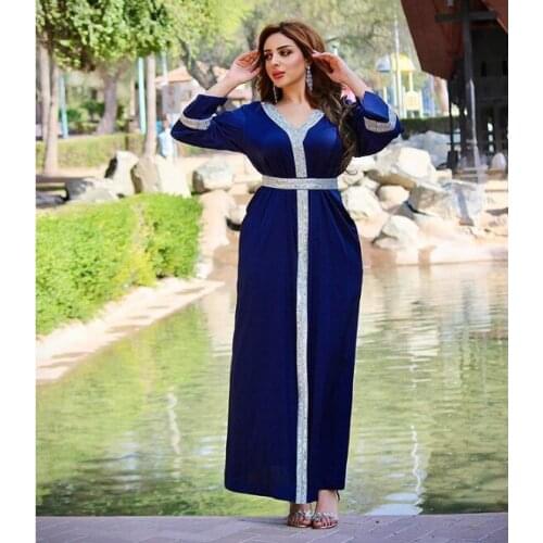 Muslim Middle East Womens Belt Robe Abaya Turkish Long Inlaid with Diamond Dress Lady Blue