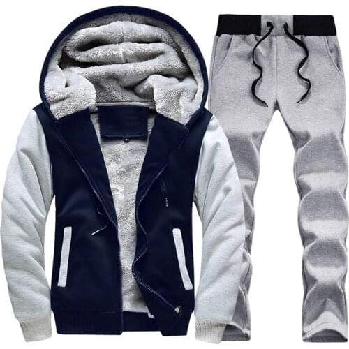 2021Spring Autumn Mens Plus Velvet Thick Hoodies Straight Trousers Long-sleeve Cardigan Two-piece Suit Casual Sports Clothes