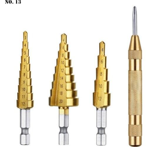 Drill Bit Set Step Cone Drill Bit Titanium Hole Cutter High Speed Steel Set Tool with Center Punch Wood Cutter Woodworking Tools