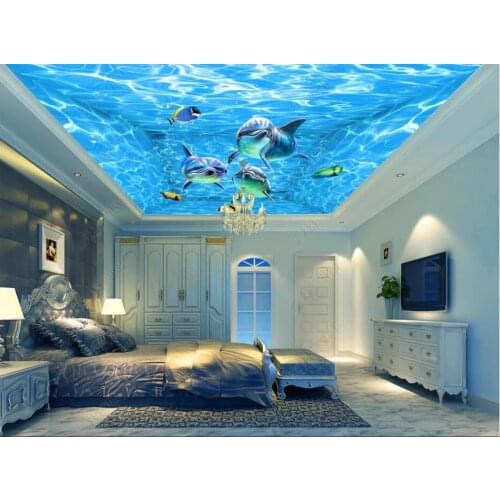 3d ceiling mural wallpaper custom photo Beautiful blue water pattern marine dolphins 3d wall murals wallpaper for living room