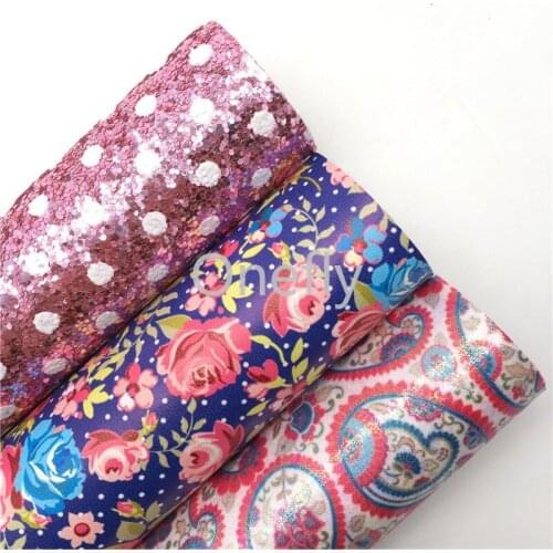 Onefly 21X29CM Polka Dots Printed Glitter Leather, Flowers Printed Faux Fabric Sheets For Bow DIY handbags shoes AQ082