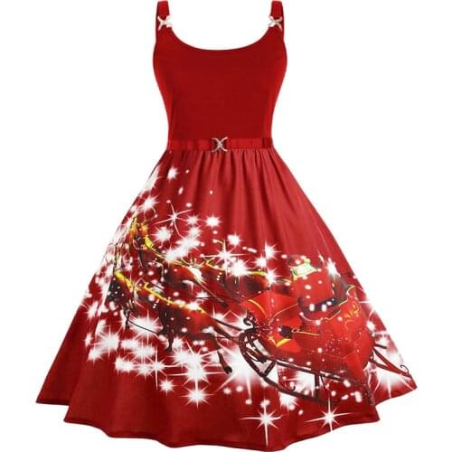 Dresses for Women Fashion Vintage Christmas Print Belt Sleeveless High Waist Round Neck Swing Xmas Party Dress Vestido De Mujer