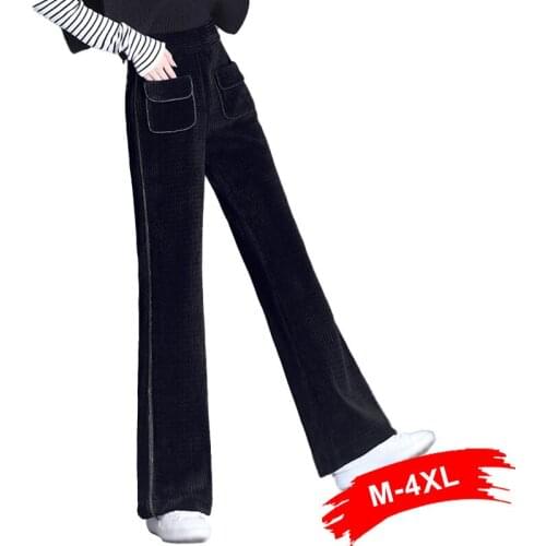 Plus Size Side Women Sequins Flare Corduroy Pants 5XL Winter Autumn Elastic Waist Big Pocket Bell-bottoms Drape Effect Long Pant