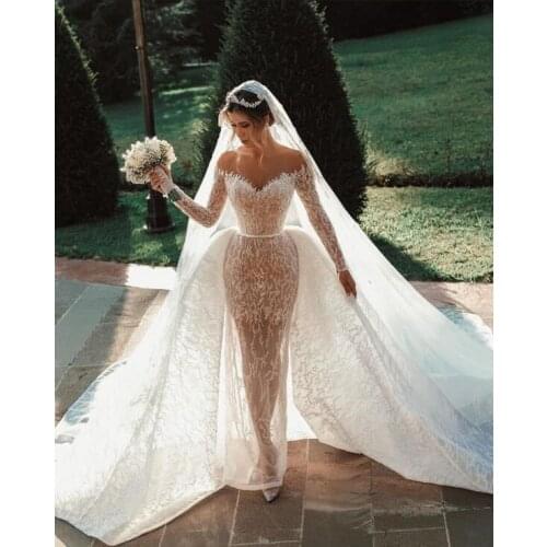 2021 Luxury Wedding Dresses Illusion O Neck Beaded Bling Bling Long Sleeve Mermaid Vestidos De Novias with Overskirt