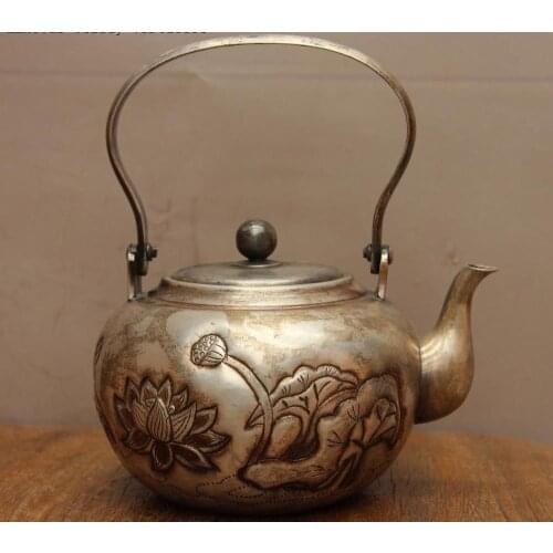Archaic Jepan Technics Pure Silver Lotus Water Lily Water Pot TeaPot Teakettle
