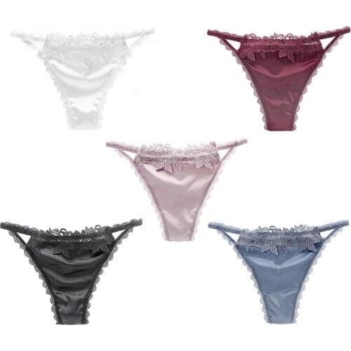 Women Sexy Low Waist Satin Underwear Floral Embroidery Patchwork Panties Briefs Scalloped Lace Seamless T-Back Thongs G-String