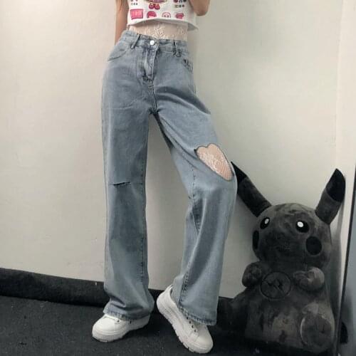 WomenS Loose Jeans 2021 Heart-Shaped Hole Wide Legs High Waist Blue Washed Cotton Ladies Denim Trousers Summer Loose Jeans y2k