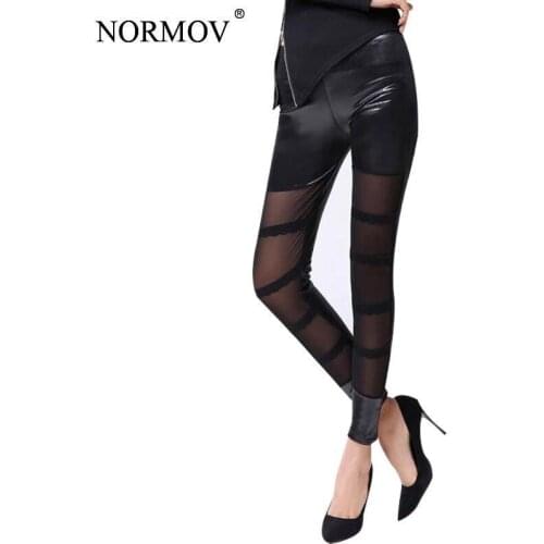 NORMOV 2021 New Leggings Woman Street Mesh Stitching Leather Pants Women Strap Lace Strap Matte Pants Stacked Leggings