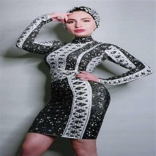 V1 Singer perform costume long sleeve rhinestones women dress black white crystal hip skirt full diamonds outfit elastic tights