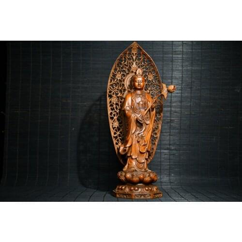 11" China Lucky Seikos Boxwood Lotus Guanyin Bodhisattva Statue Backlight Station lotus platform Avalokitesvara statue