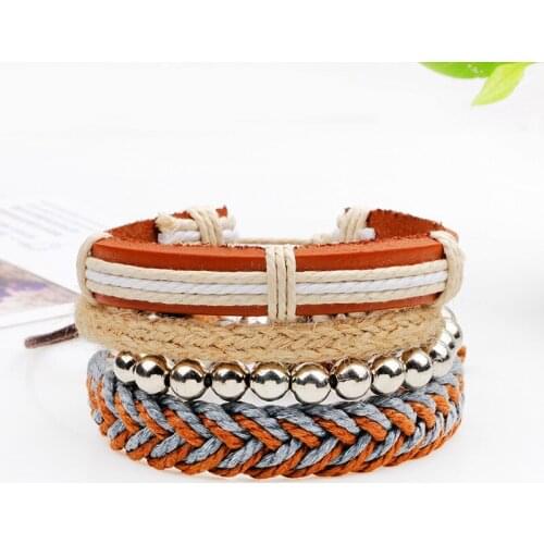 4pcs/set Boho Gypsy Hippie Punk Brown Grey White Beige Tan Hemp Cord Wrap Knots Leather Layers Stacked Wide Bracelets Unisex