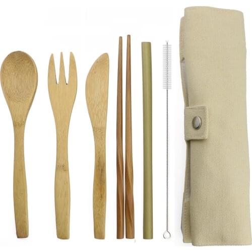 Beige Bag Bamboo Cutlery Set 7pc/set With Straw Chopstick Kitchen Utensil Eco-friendly Travel Reusable Portable Knife Fork Spoon
