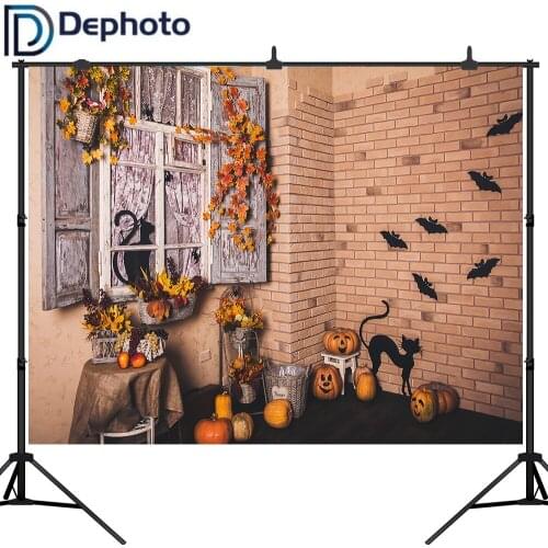 DePhoto Halloween Brick Wall Vinyl Photography Backdrop Cat Bat Pumpkin Flower Courtyard Photo Background Studio Prop