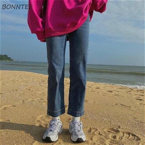 Jeans Women College Ins Stylish All-match Spring Daily Straight Ladies Denim Trousers Boyfriend Ankle-Length Vintage High Waist
