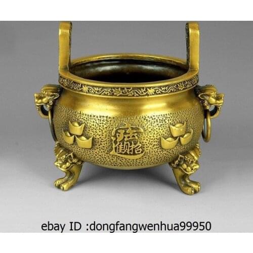 China Buddhism Brass Copper Wealth Foo Dog Lion Ear Royal Incense Burner Censer