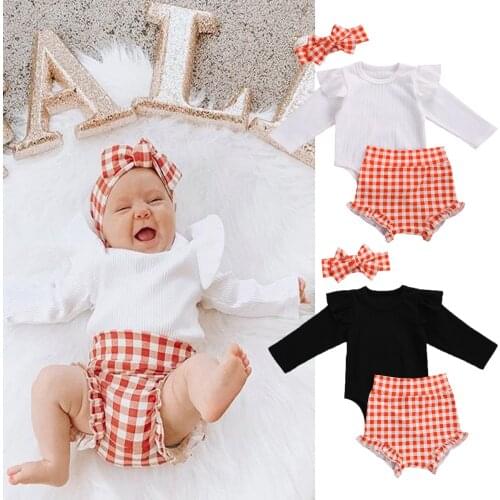 Baby Girls Fall Outfits Solid Color Long Sleeve Ruffle Romper + Plaid Shorts + Headband 3Pcs Clothes Set