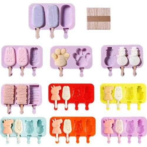 Reusable Cream Tray Silicone Molds + 50 Wood Stick Cute Cartoon Ice Cream Mold Kitchen Tools Silicone Popsicle