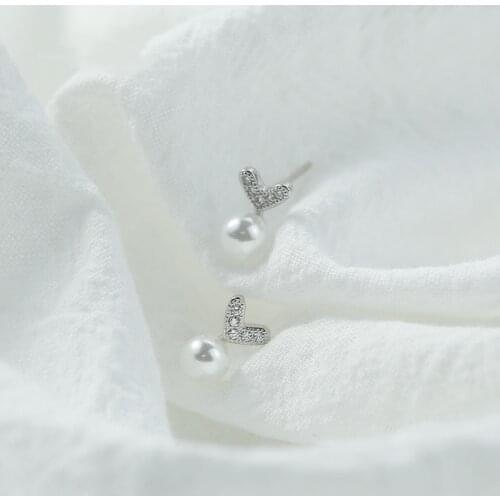 925 Sterling Silver Pearl Heart Shape Charm Piercing Stud Earring For Women Girls Party Jewelry Pendientes Accessories eh1223