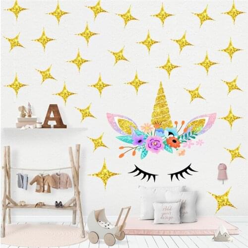 Cartoon Cute Flower Unicorn Gold Stars Wall Sticker Wallpaper DIY Vinyl Home Wall Decal Kid Living Room Bedroom Girls Room Decor